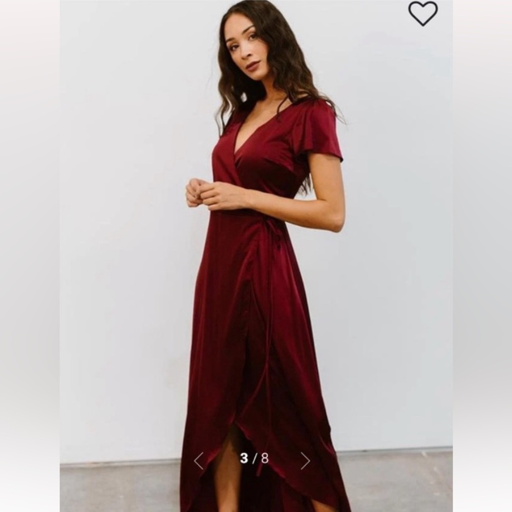 BALTIC BORN Maxi Wrap Dress Women Medium Burgundy Tulip Hem Flutter Sleeve Satin